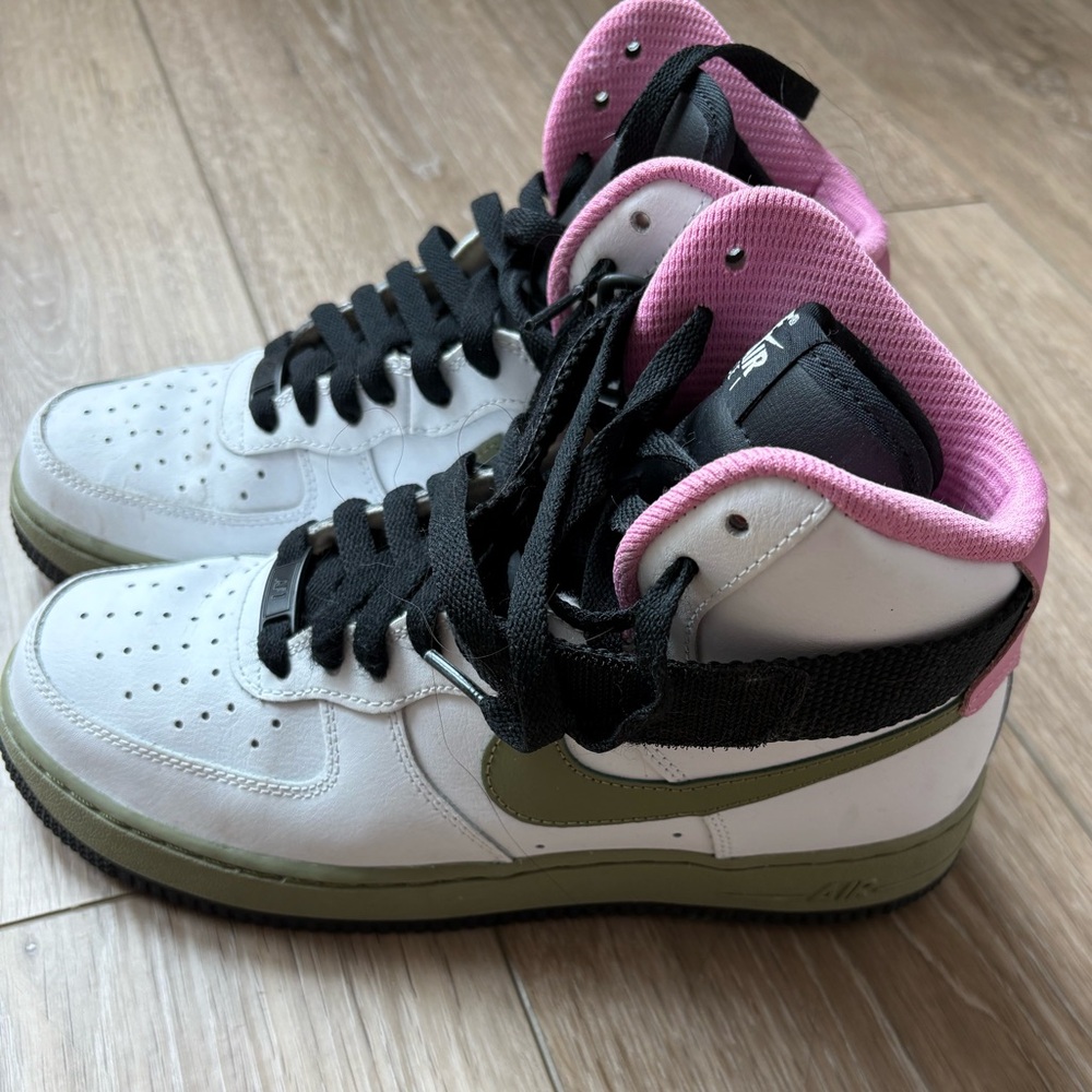 Nike Women's Sneakers -custom Air Force 1- White, Pink, and Olive